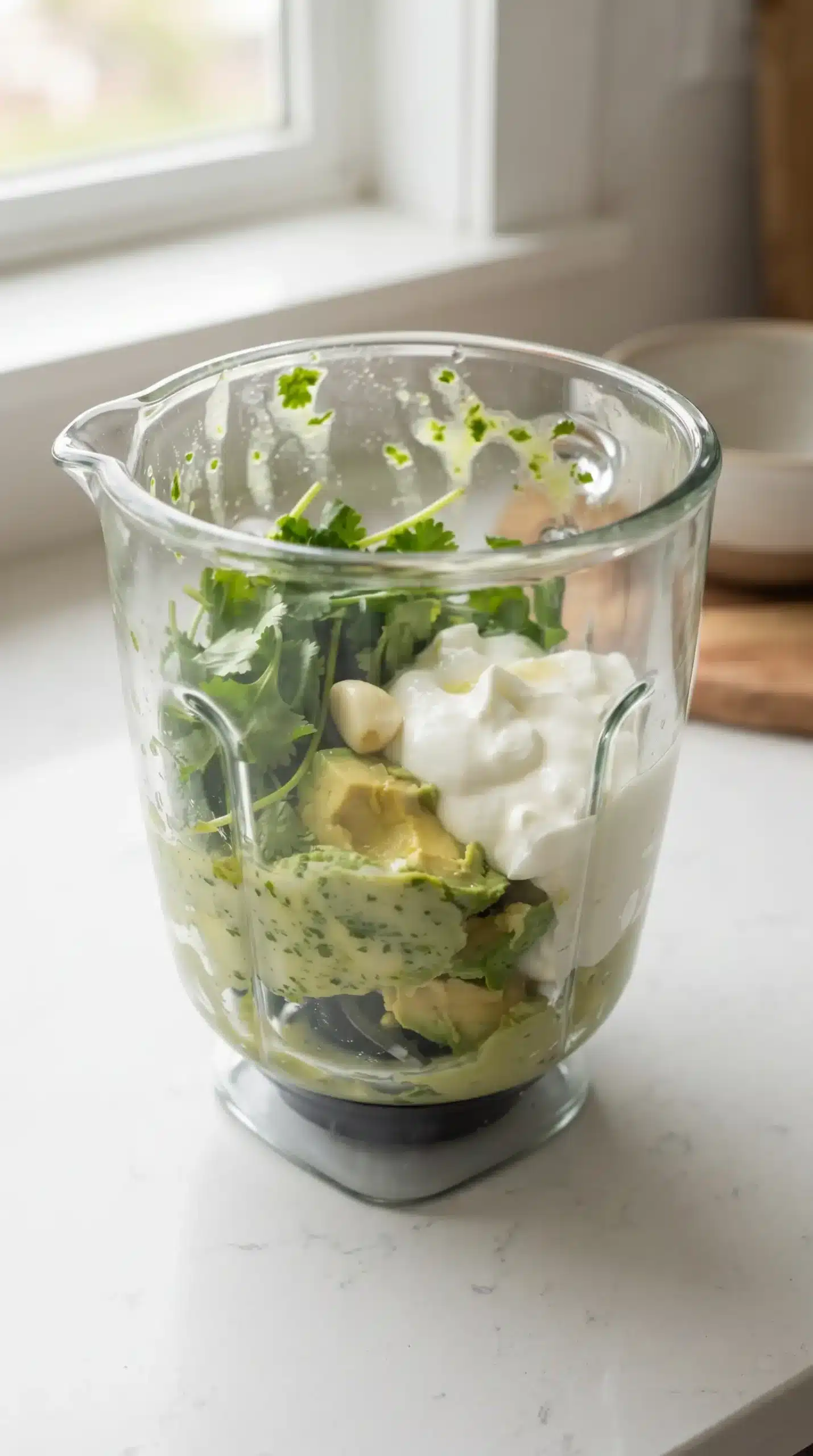 Avocado cilantro dressing ingredients blending in a blender jar
