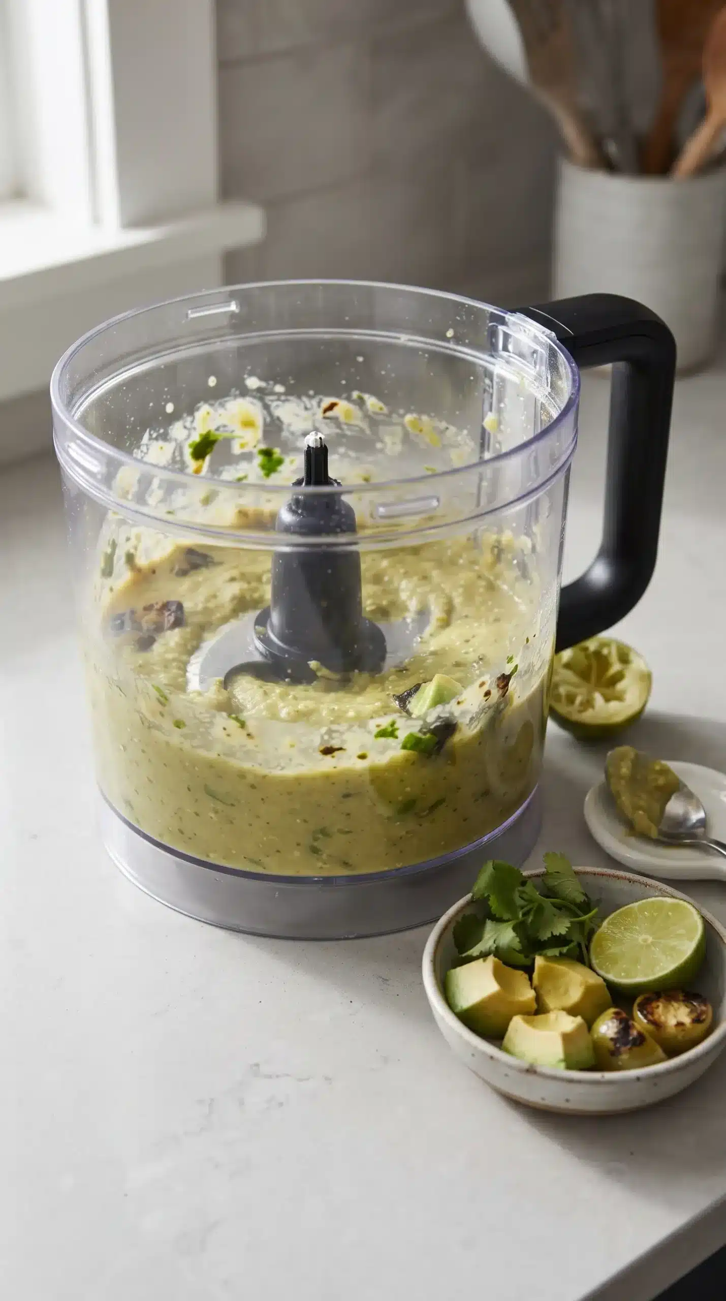 Food processor blending avocado tomatillo dip ingredients into a smooth green mixture