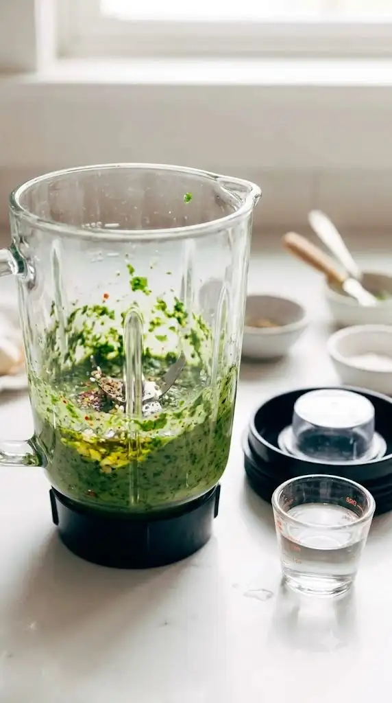 Blender mixing cilantro, olive oil, garlic, and seasonings into vinaigrette