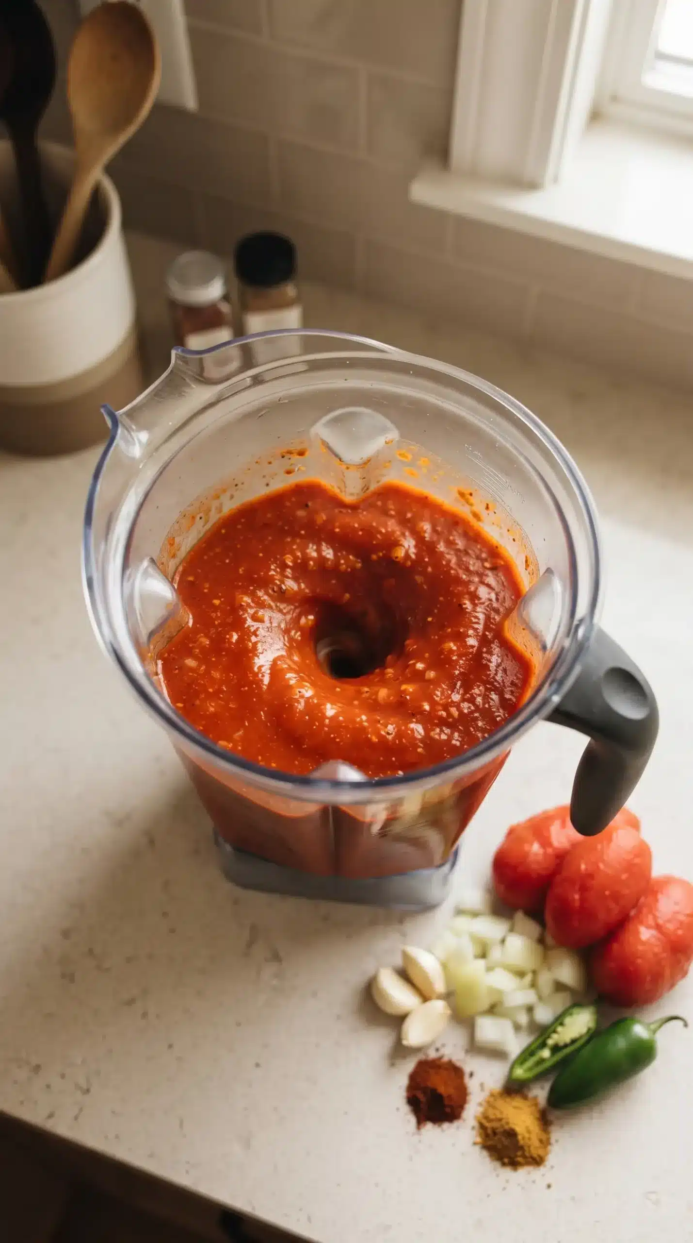Blender mixing tomatoes, onion, garlic, jalapeno, and spices into enchilada sauce