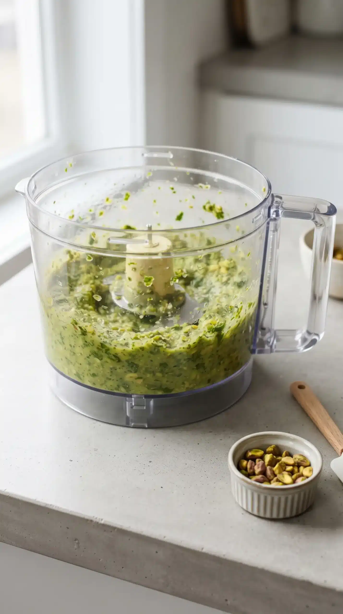 Blending avocado, herbs, lime, and other ingredients for green sauce
