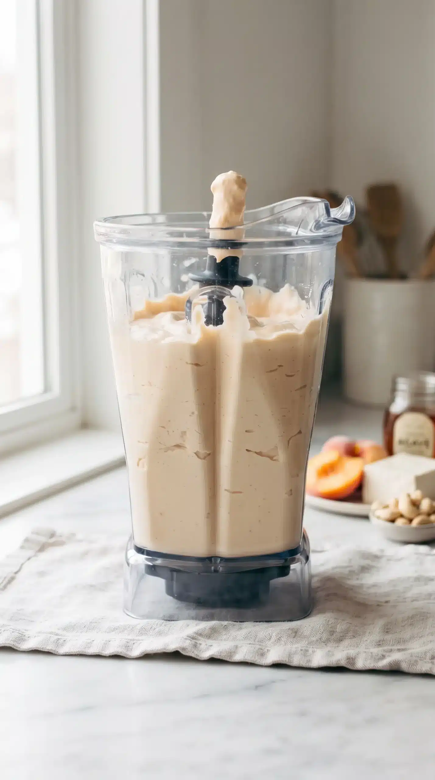 Blended peach mixture in a blender showing the smooth texture of vegan yogurt