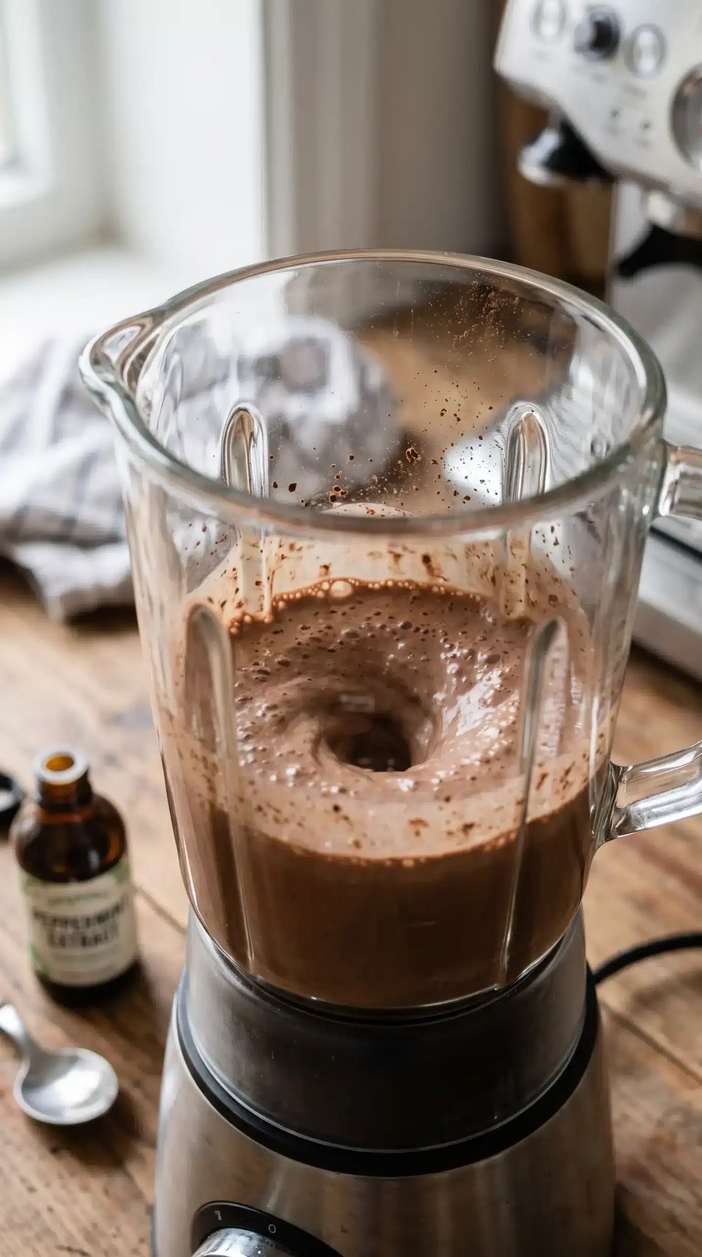Blender combining coffee, cocoa, milk, and protein powder for peppermint mocha