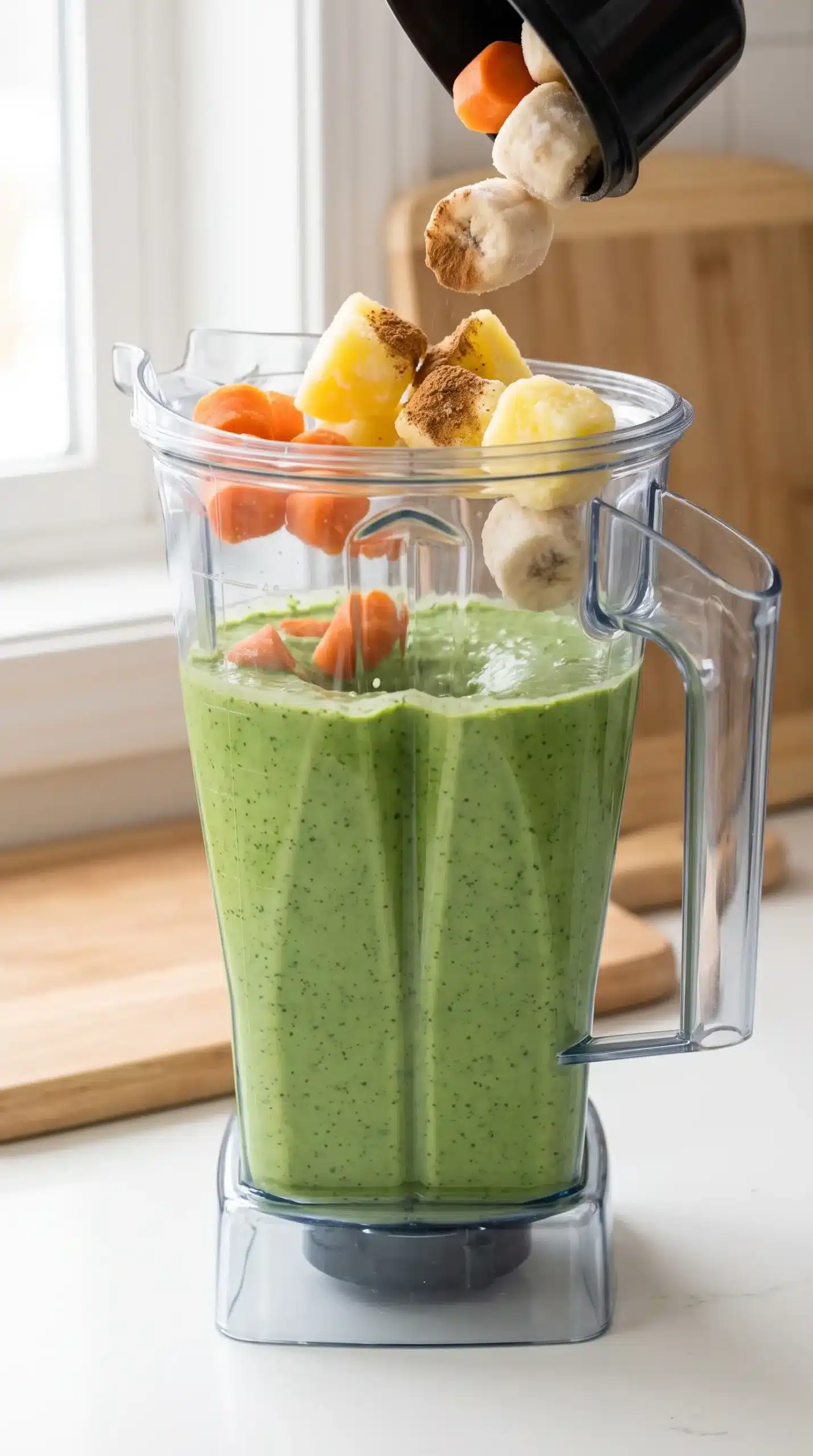 Blender jar with spinach and coconut milk mixture for a creamy smoothie bowl base