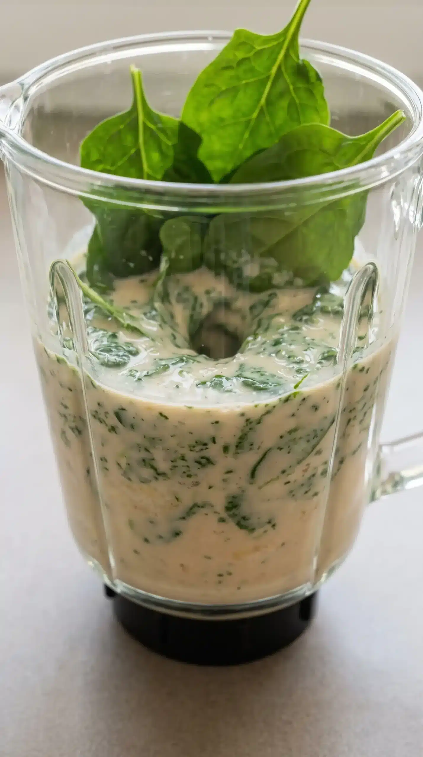 Spinach blending into a banana and milk smoothie mixture in a blender