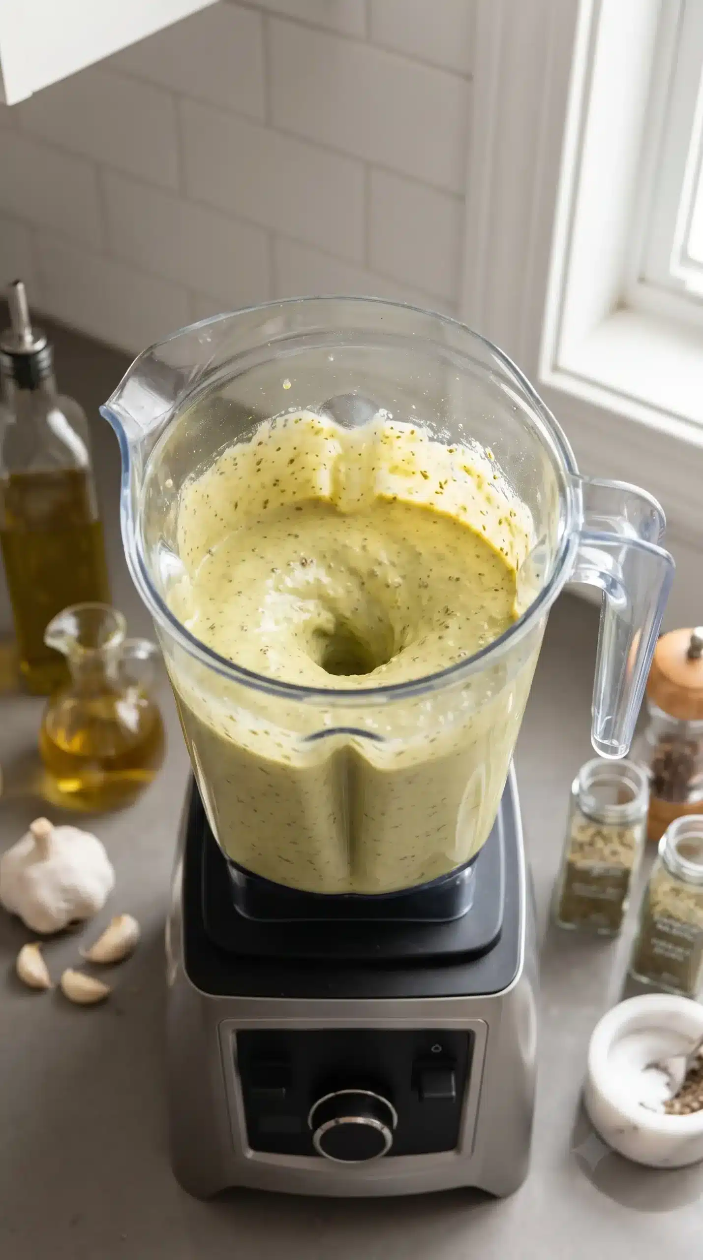 Sunshine sauce ingredients blending into a smooth creamy herb sauce in a blender container