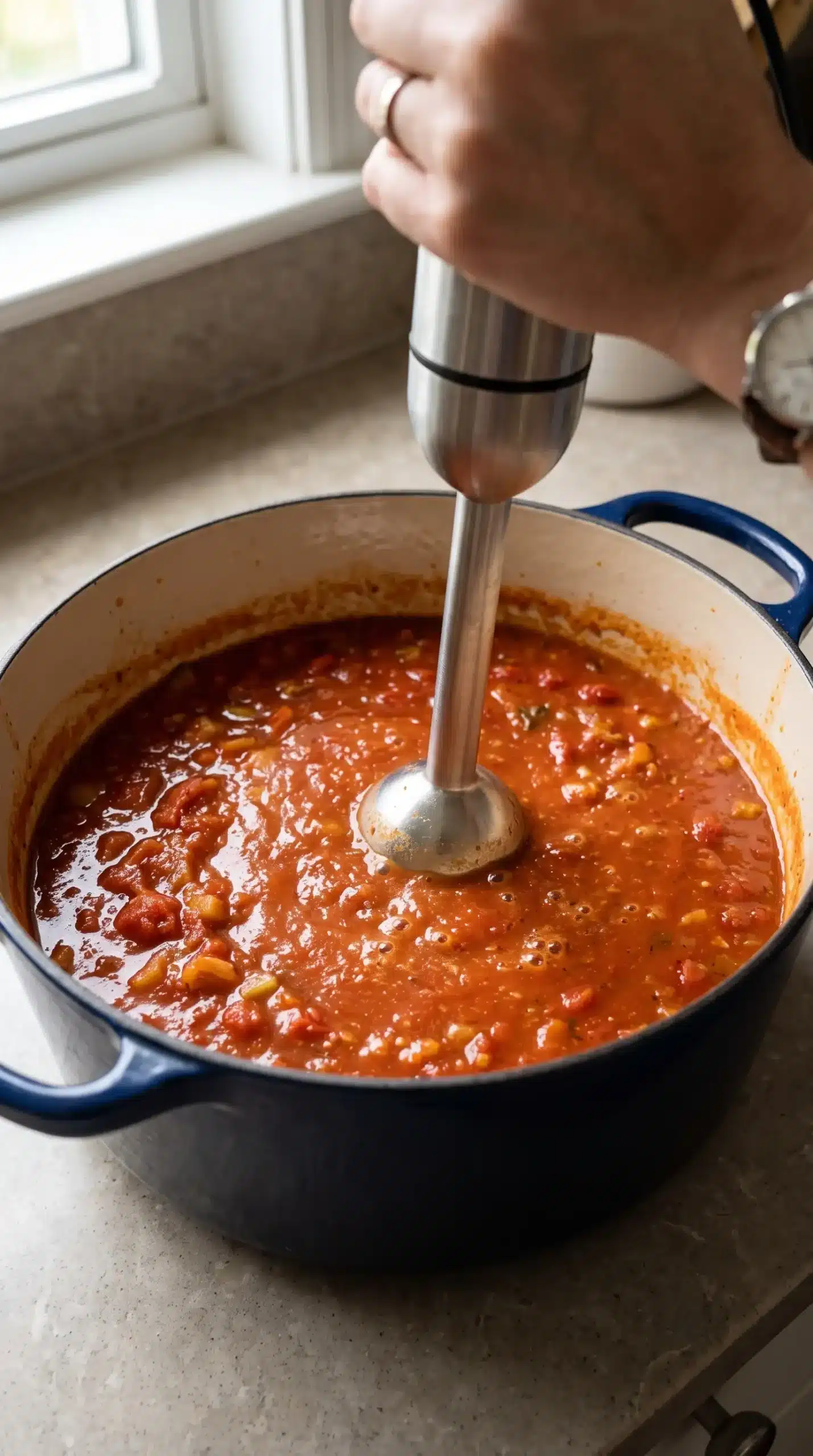 Immersion blender smoothing tomato soup in a saucepan
