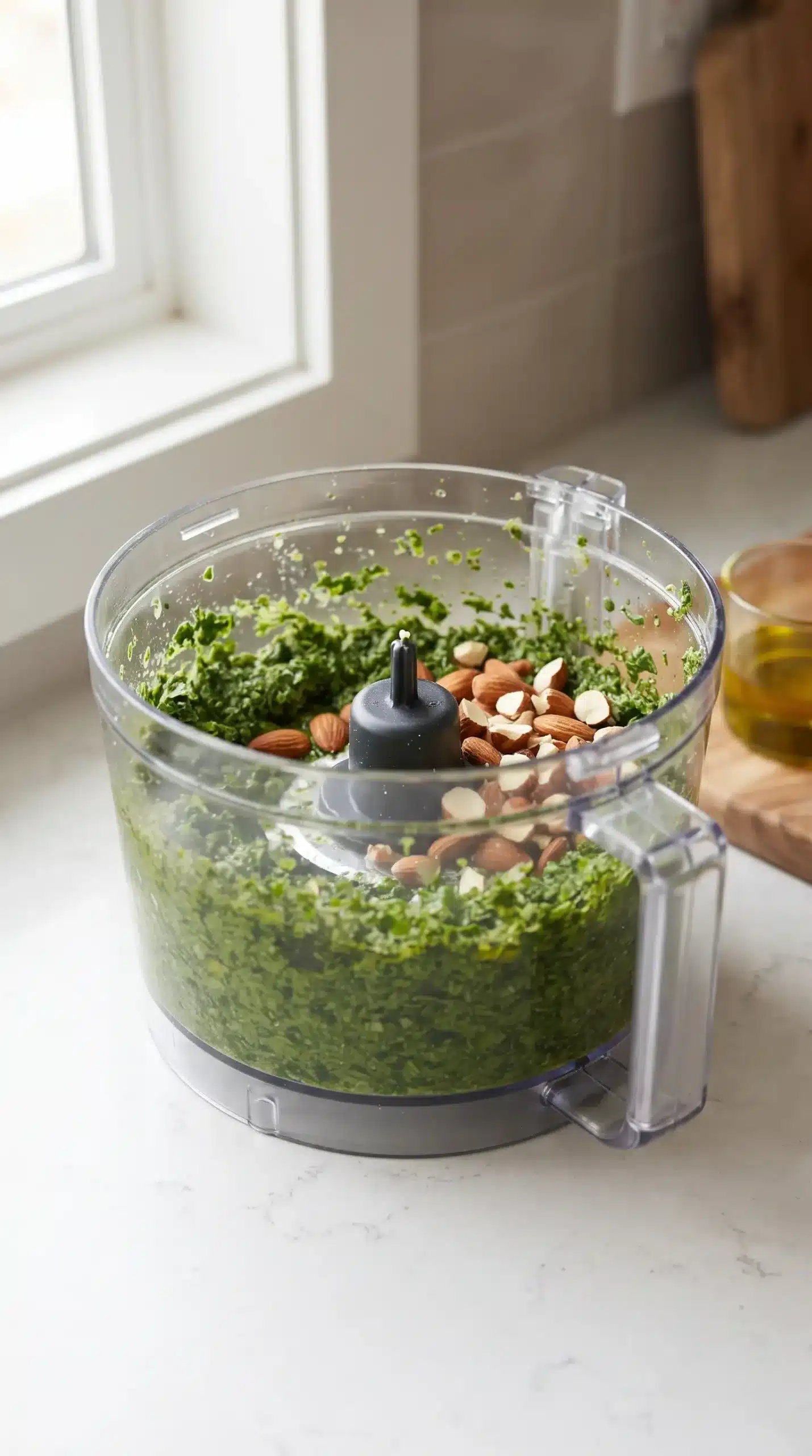 Food processor bowl blending kale, parsley, oil, garlic, lemon, and almonds for pesto
