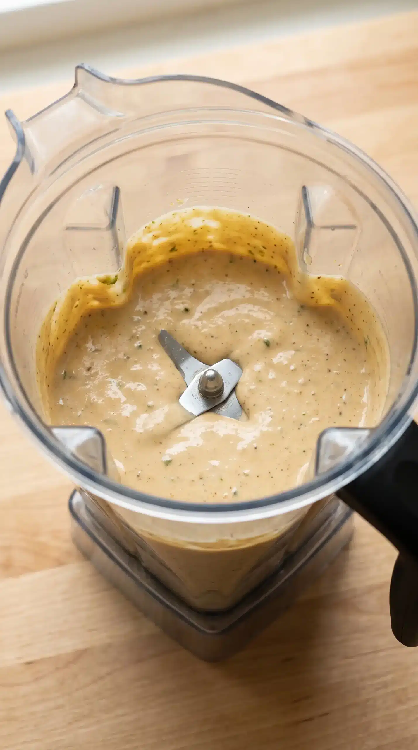 Blender jar showing smooth cashew-based vegan queso sauce texture