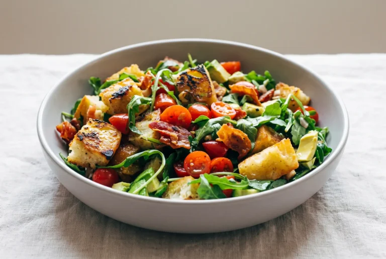 BLT panzanella with bacon, avocado, tomatoes, toasted ciabatta, arugula, and basil