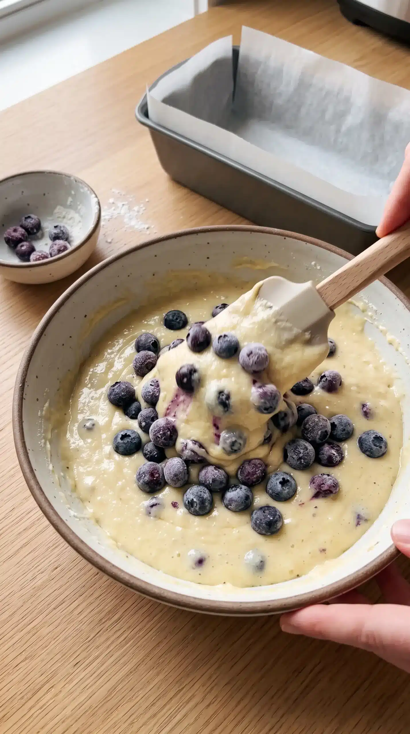 Blueberries folded into pale lemon bread batter beside a prepared loaf pan
