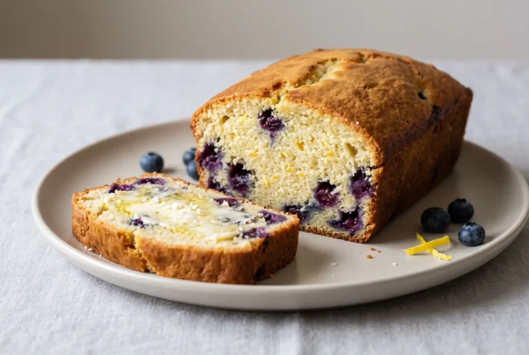 Blueberry lemon bread loaf with a sliced piece showing blueberry pockets and lemon zest crumb