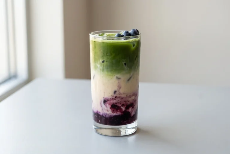 Blueberry matcha latte with oat milk and blueberry syrup layers in a tall iced glass