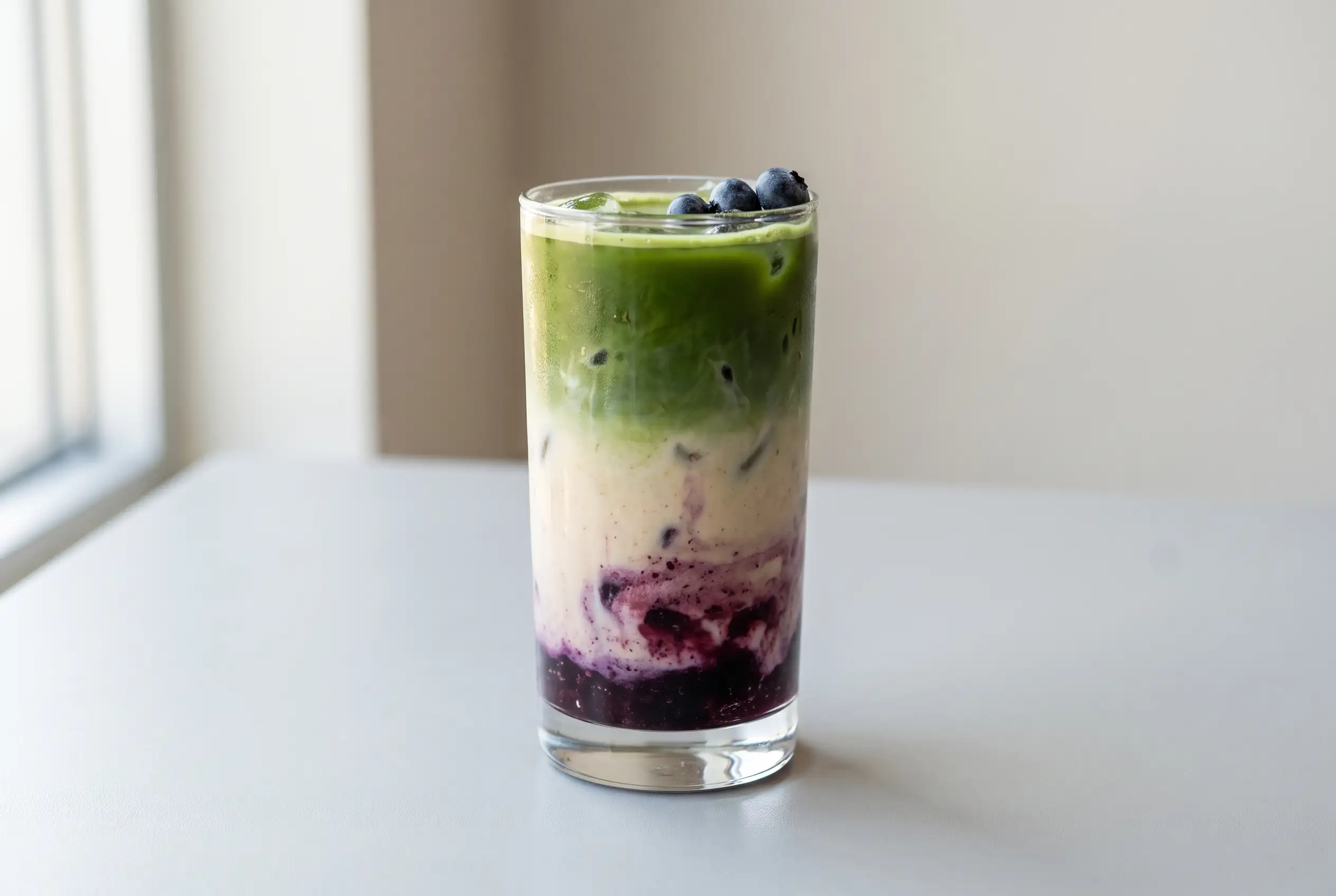 Blueberry matcha latte with oat milk and blueberry syrup layers in a tall iced glass
