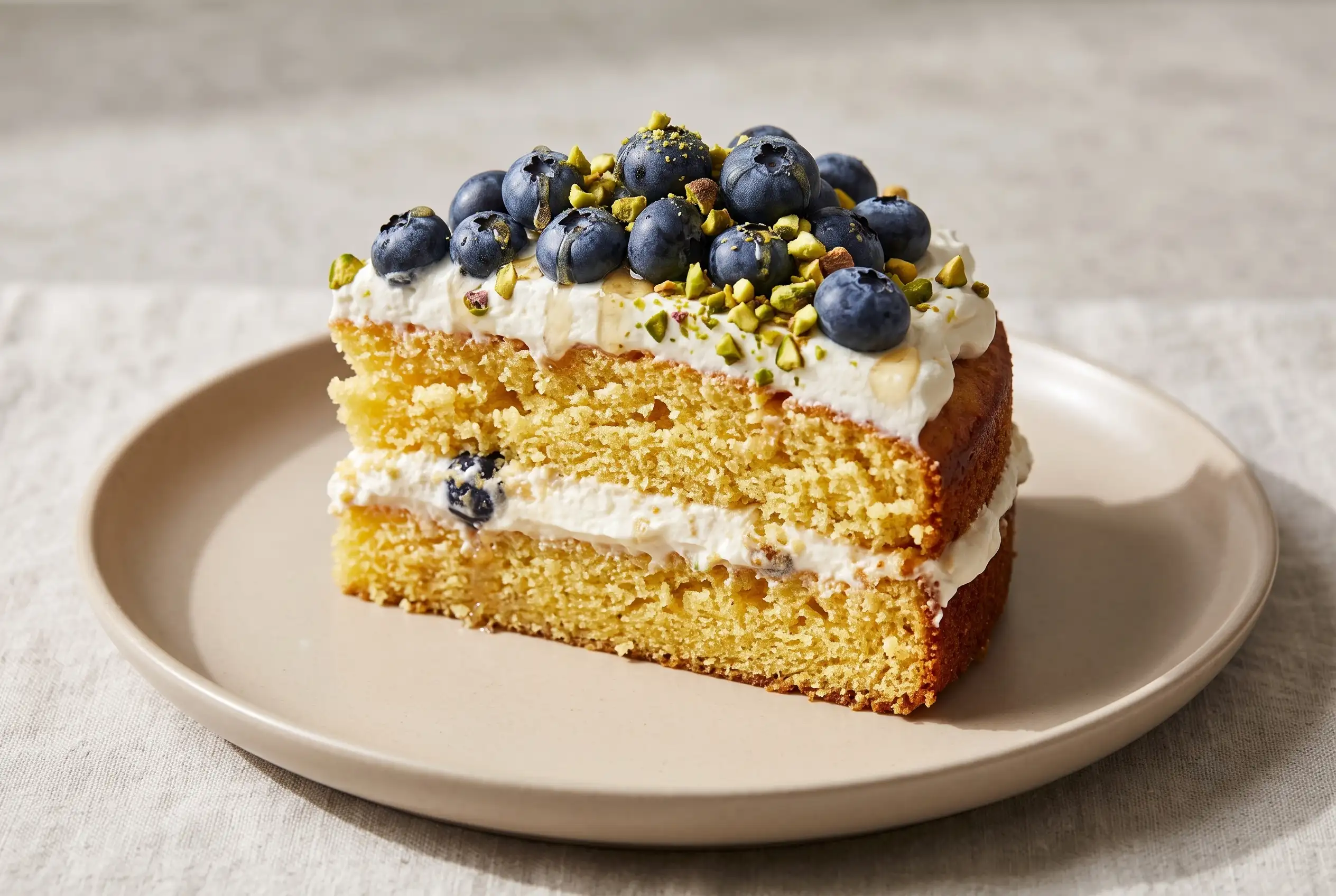 Slice of blueberry orange cake with whipped cream, blueberries, pistachios, and agave drizzle