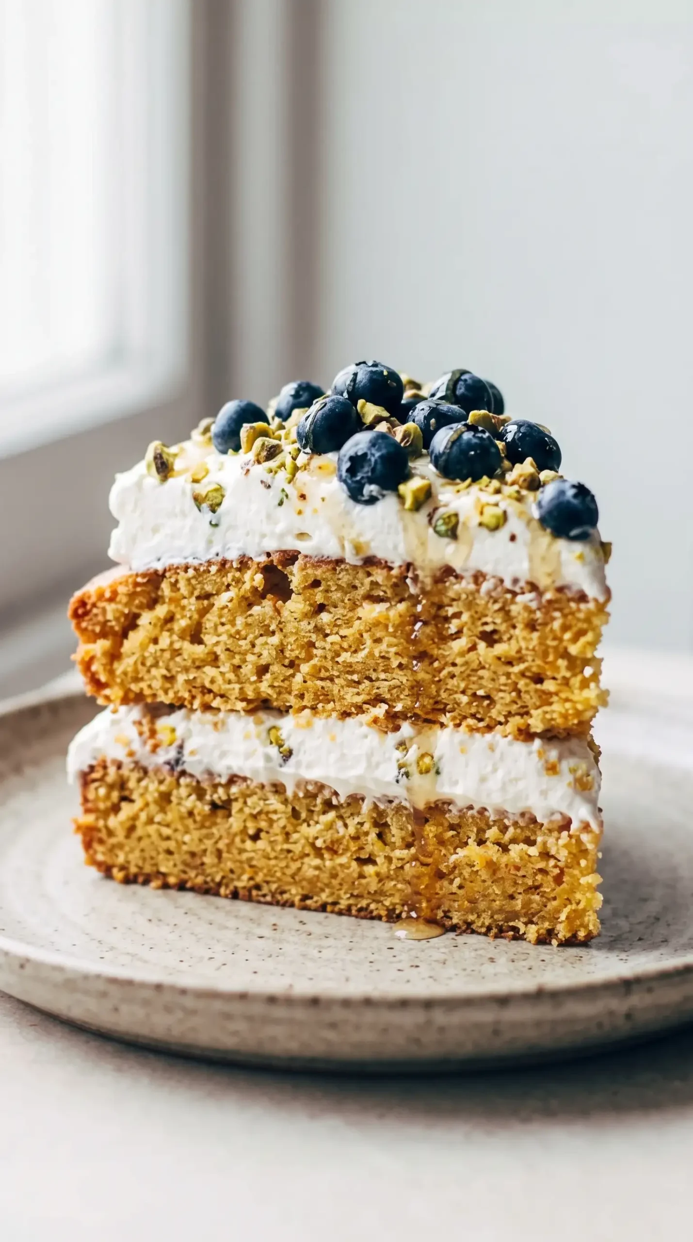 Blueberry orange cake slice topped with whipped cream, pistachios, and blueberries