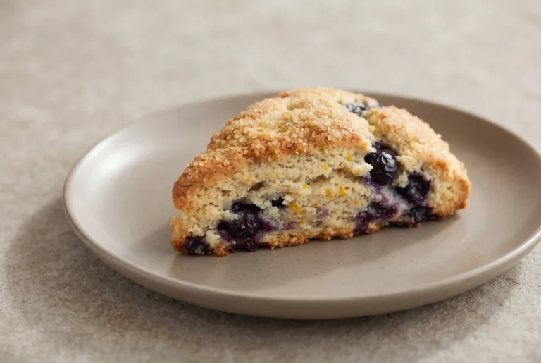 Blueberry scone with fresh blueberries, orange zest, and a golden sugar topping on a plate