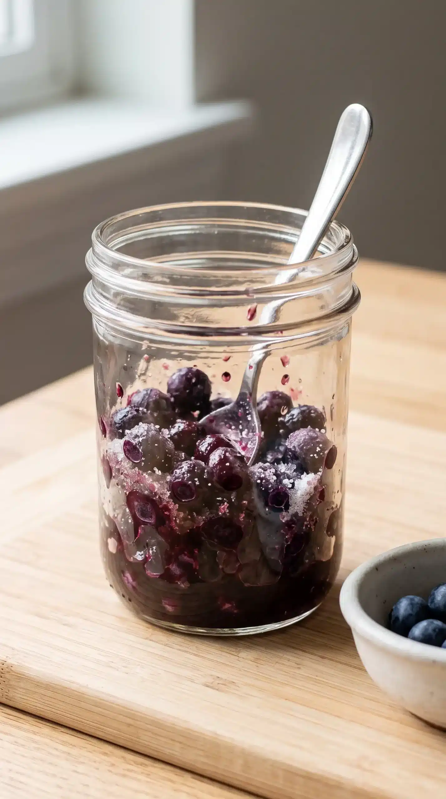 Jar of blueberry syrup made from softened blueberries and sugar for a matcha latte