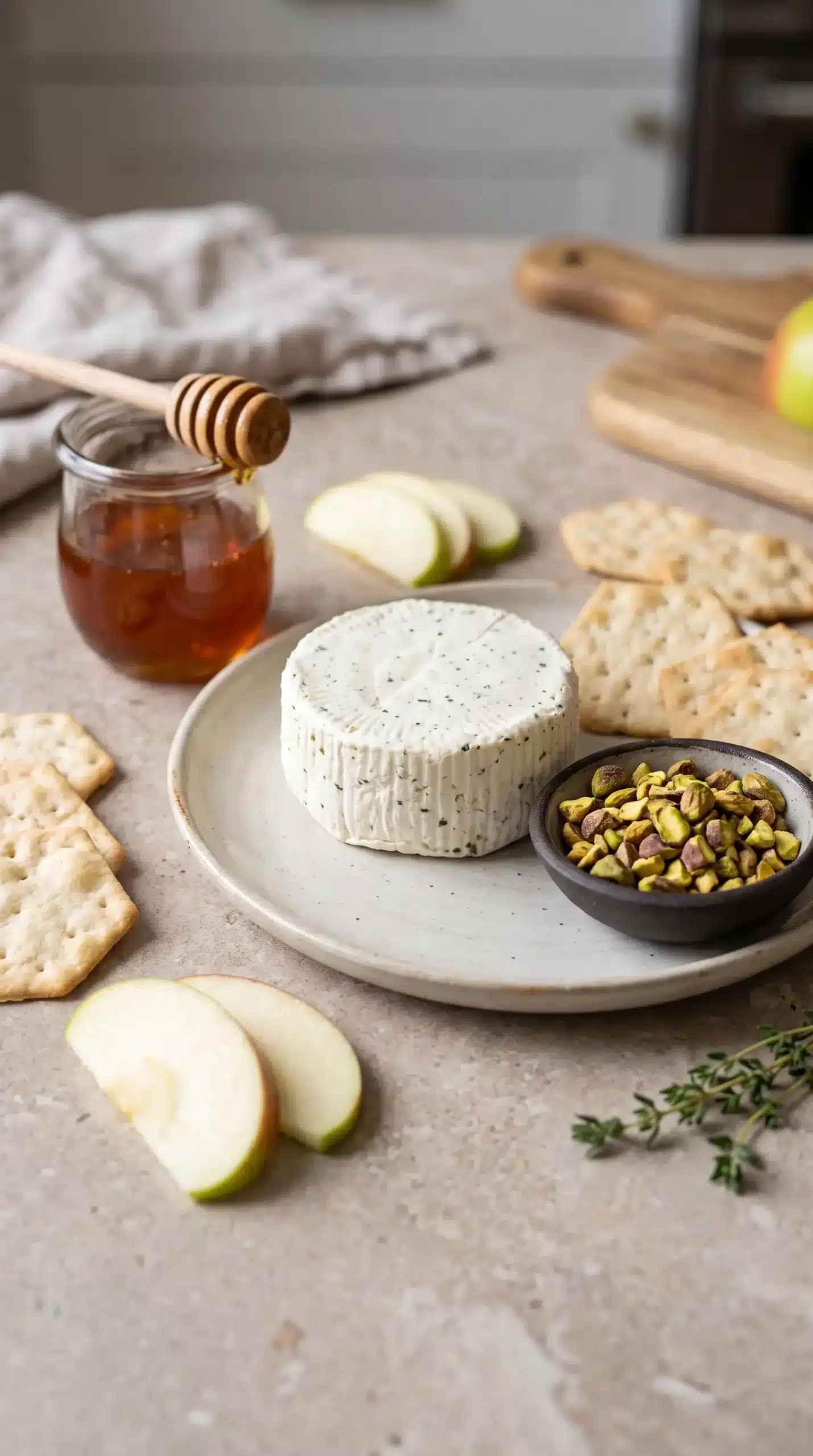 Garlic herb Boursin cheese, chopped pistachios, hot honey, crackers, and apple slices for appetizer preparation