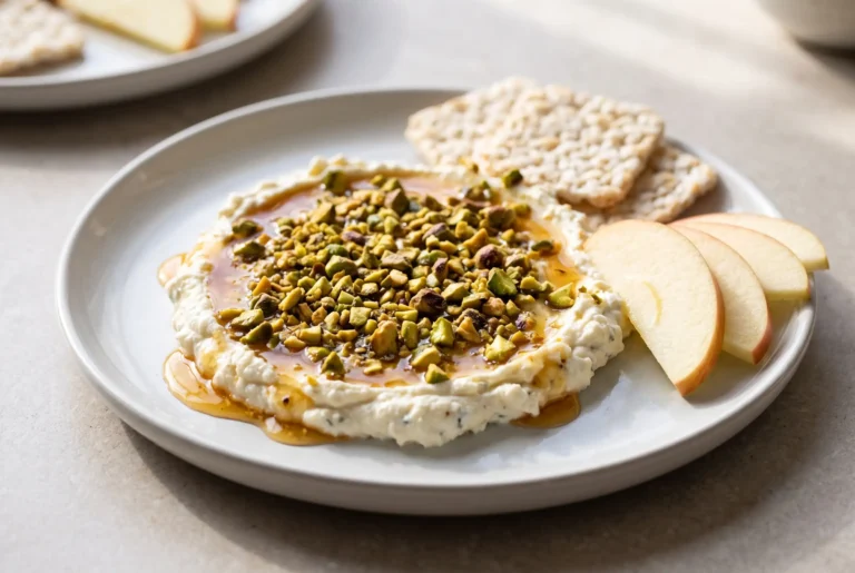 Boursin appetizer with pistachios and hot honey drizzle on a ceramic plate with crackers and apple slices