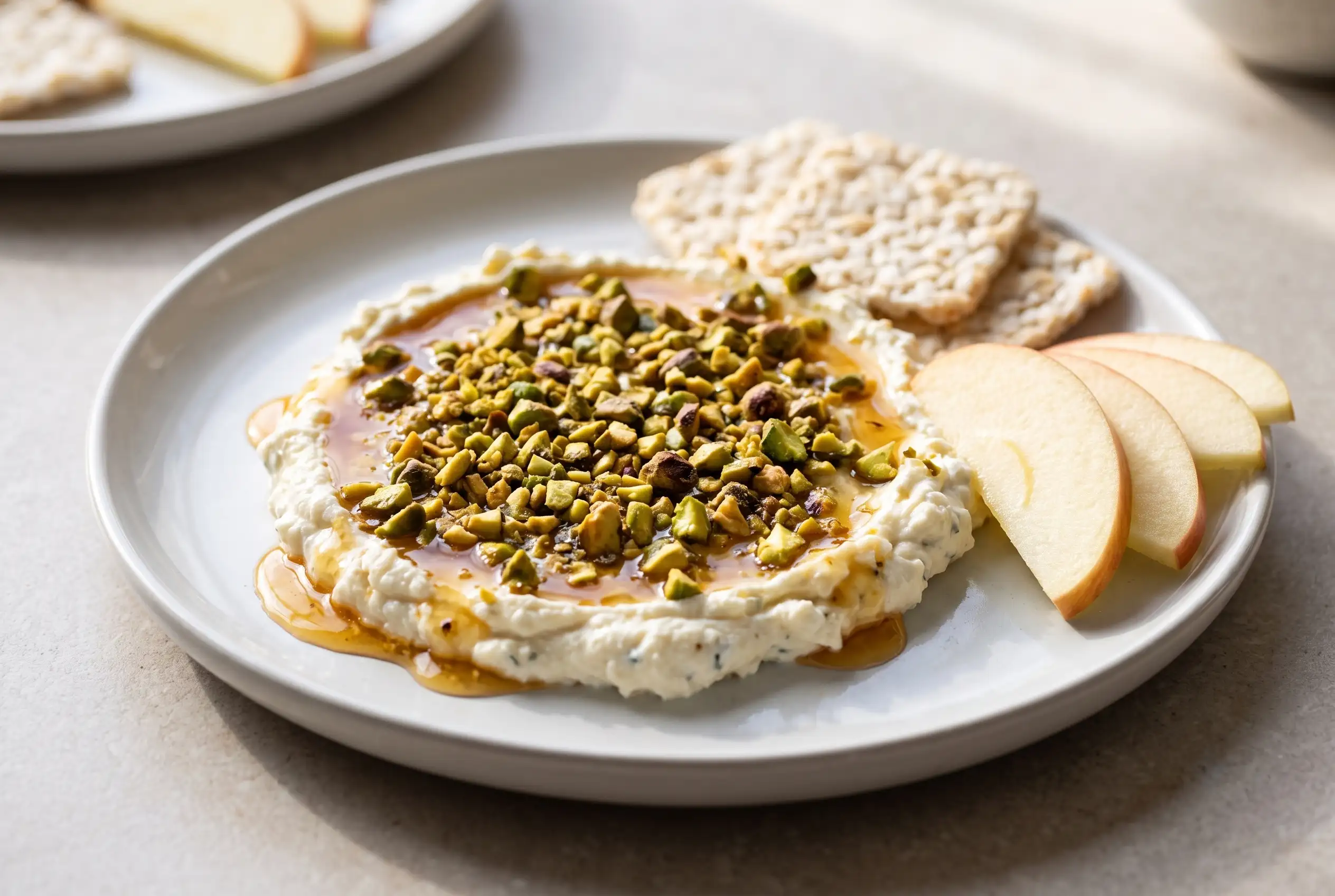 Boursin appetizer with pistachios and hot honey drizzle on a ceramic plate with crackers and apple slices