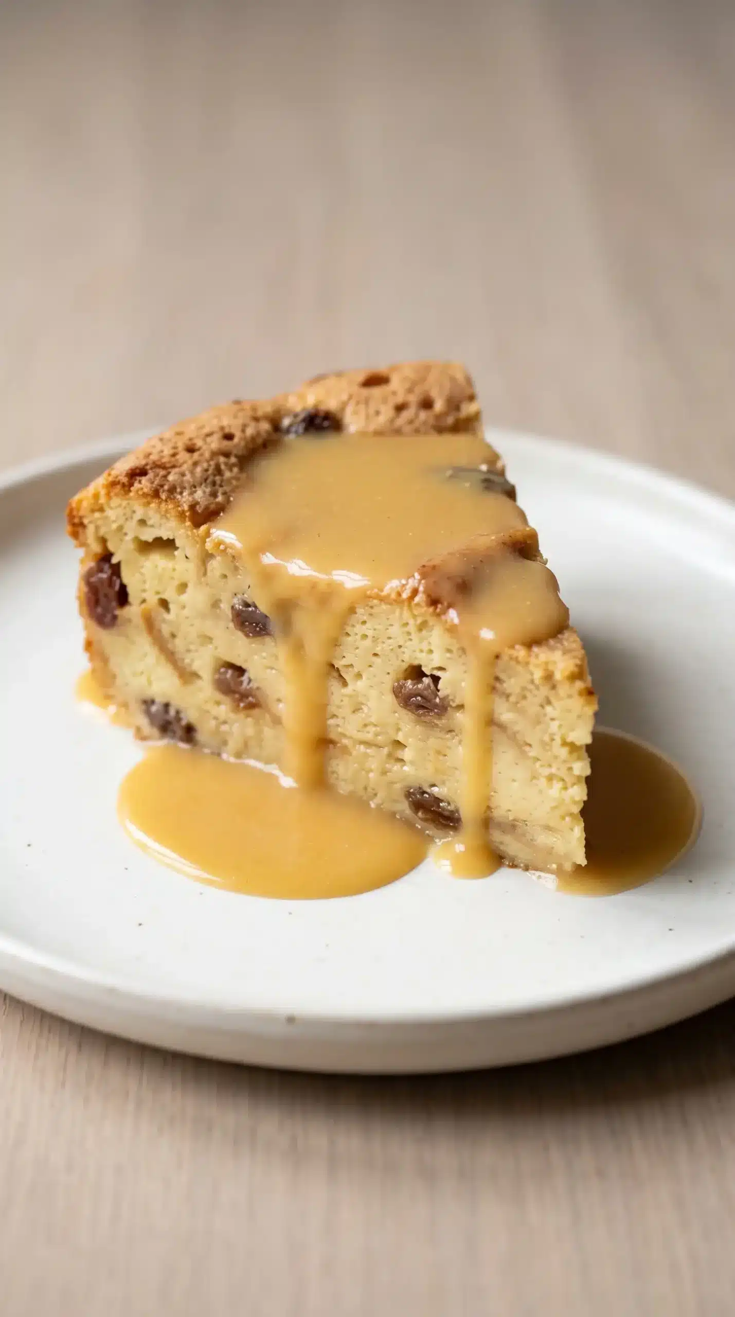 Serving of bread pudding with raisins covered in warm butter rum sauce