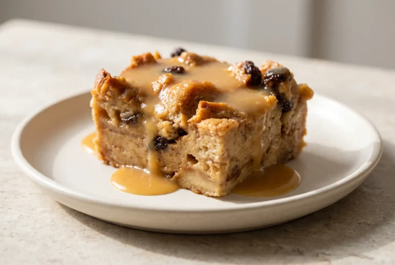 Bread pudding slice with raisins topped with hot butter rum sauce on a dessert plate