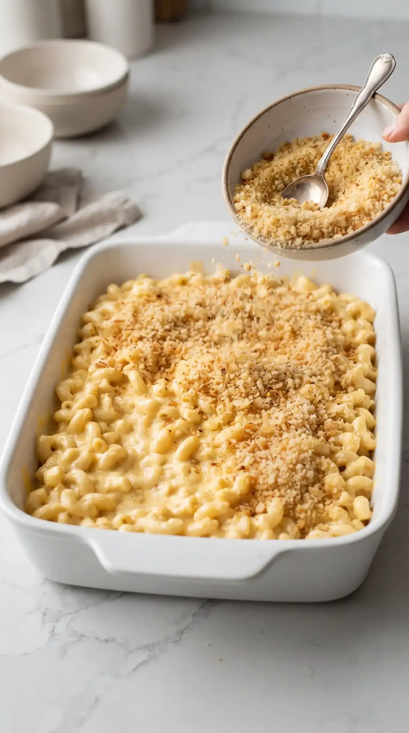 Buttered breadcrumbs being added to creamy macaroni and cheese in a baking dish