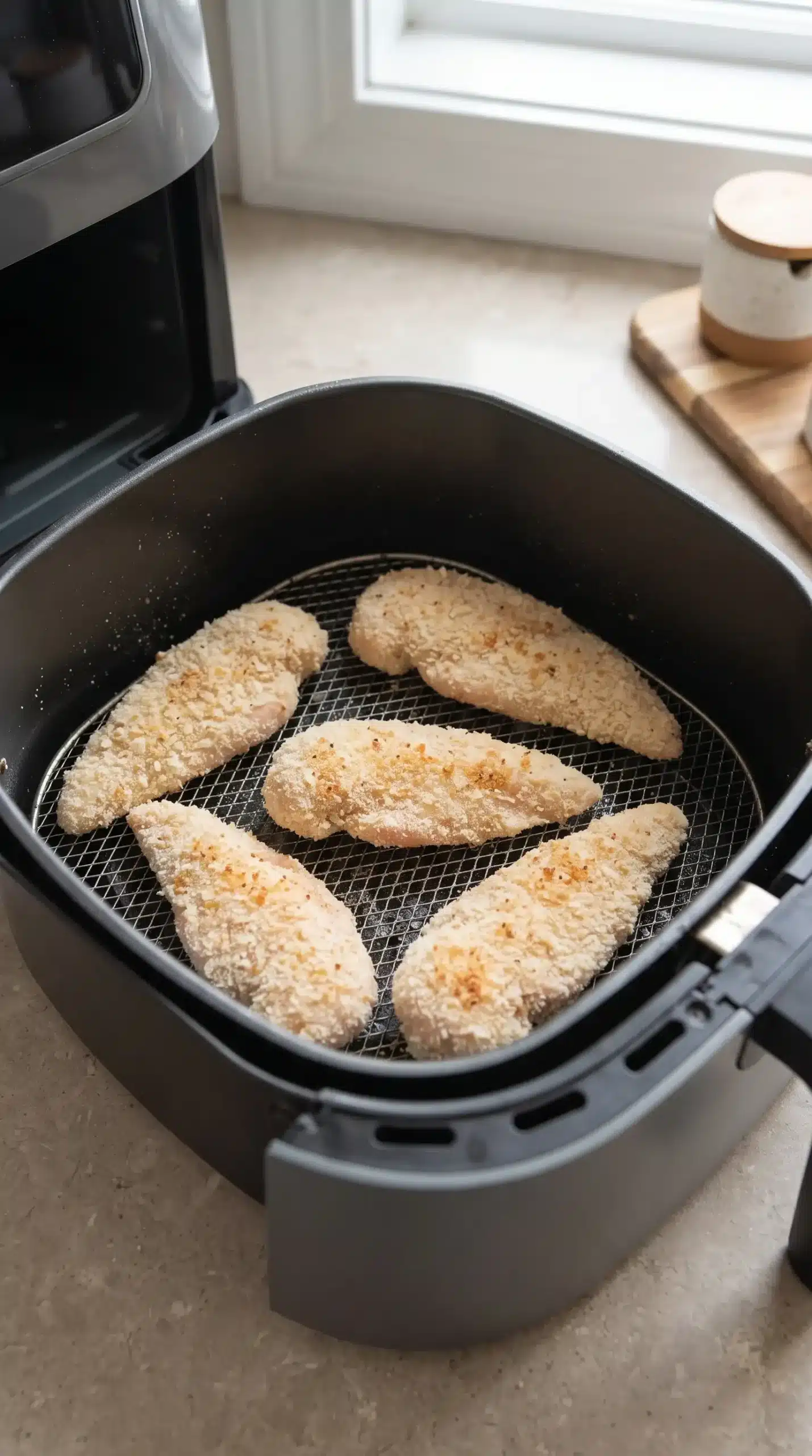 Breaded chicken tenders arranged in an air fryer basket before cooking