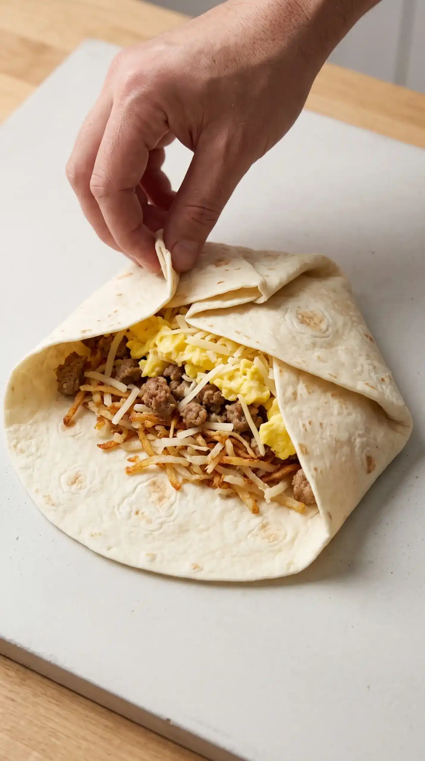 Flour tortilla folded around hashbrowns, sausage, eggs, and cheese during crunchwrap assembly