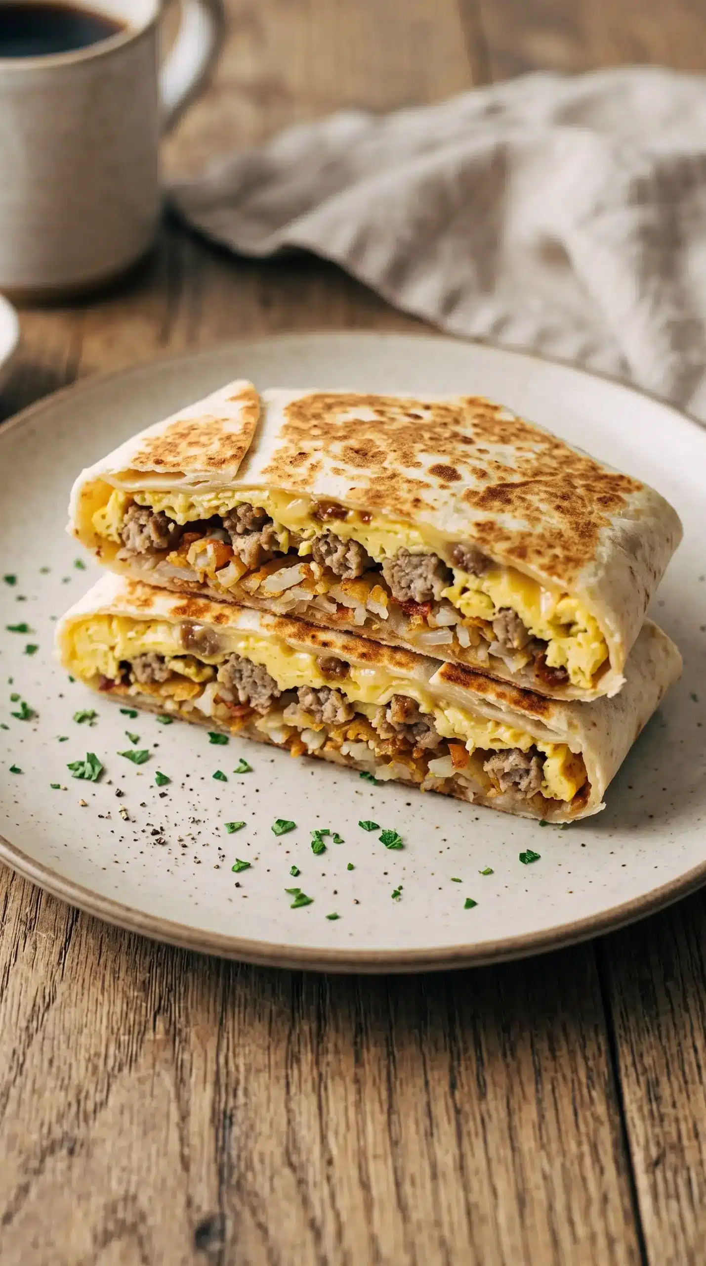 Cut breakfast crunchwrap showing layers of crispy hashbrowns, sausage, eggs, and melted cheese
