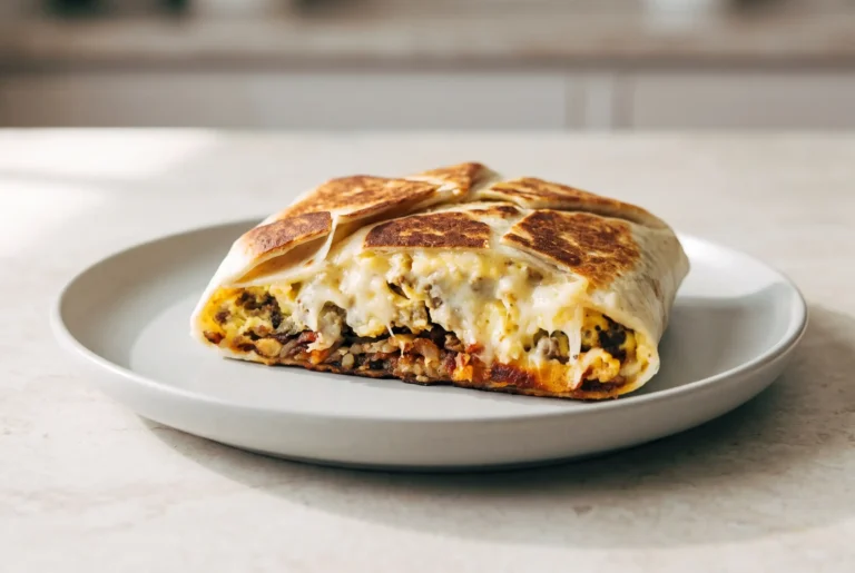 Breakfast crunchwrap with crispy hashbrowns, sausage, eggs, and melted cheese on a plate