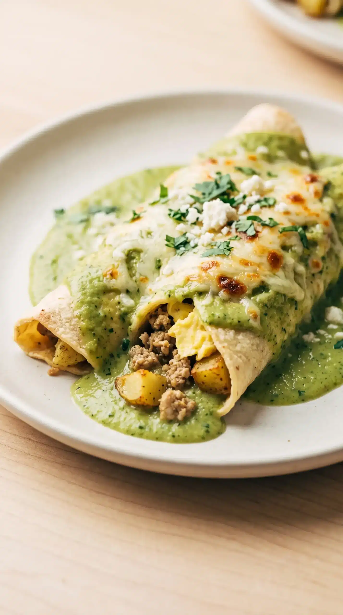 Close-up of breakfast enchiladas showing turkey, eggs, potatoes, cheese, and poblano sauce layers