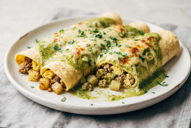 Breakfast enchiladas with roasted poblano sauce, turkey, eggs, potatoes, and melted cheese on a plate