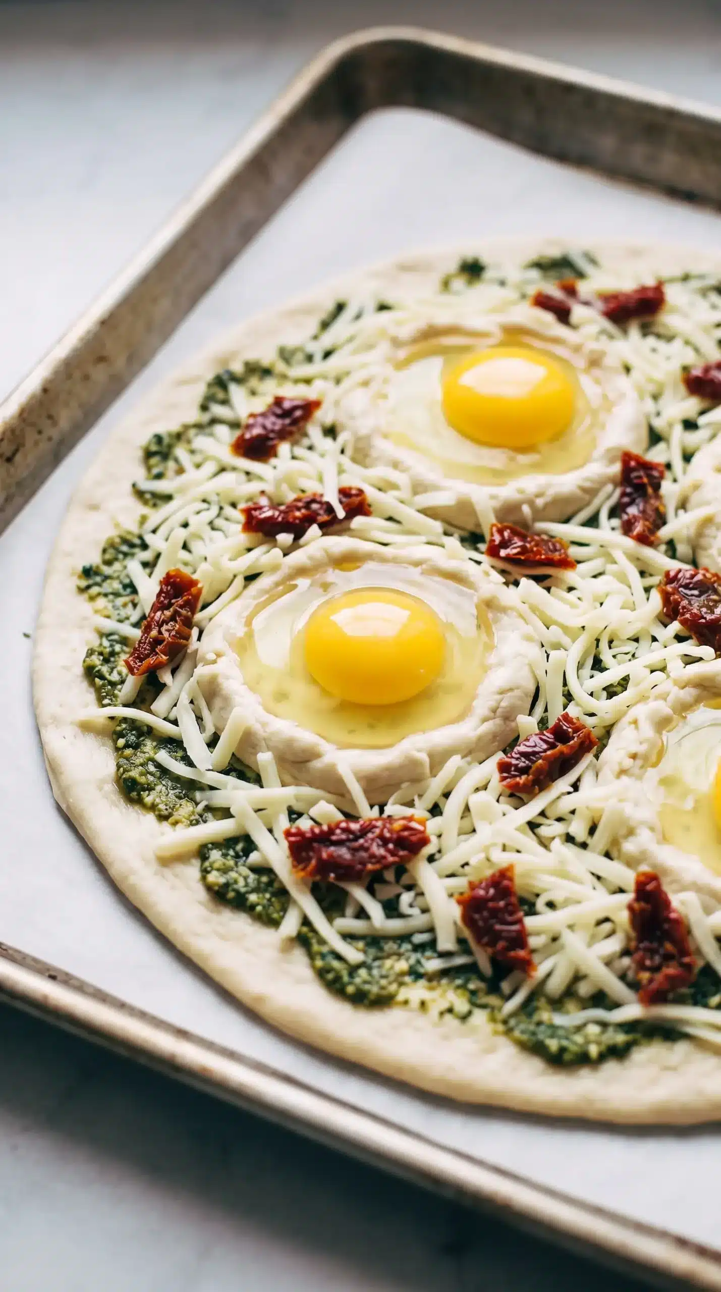 Breakfast pizza crust topped with kale pesto, cheese, sun dried tomatoes, and raw eggs before baking