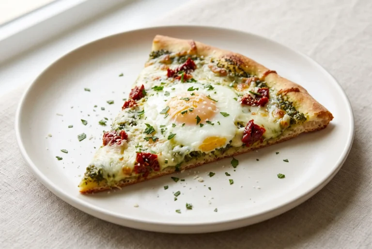 Breakfast pizza slice with kale pesto, sun dried tomatoes, mozzarella, and baked eggs on a plate