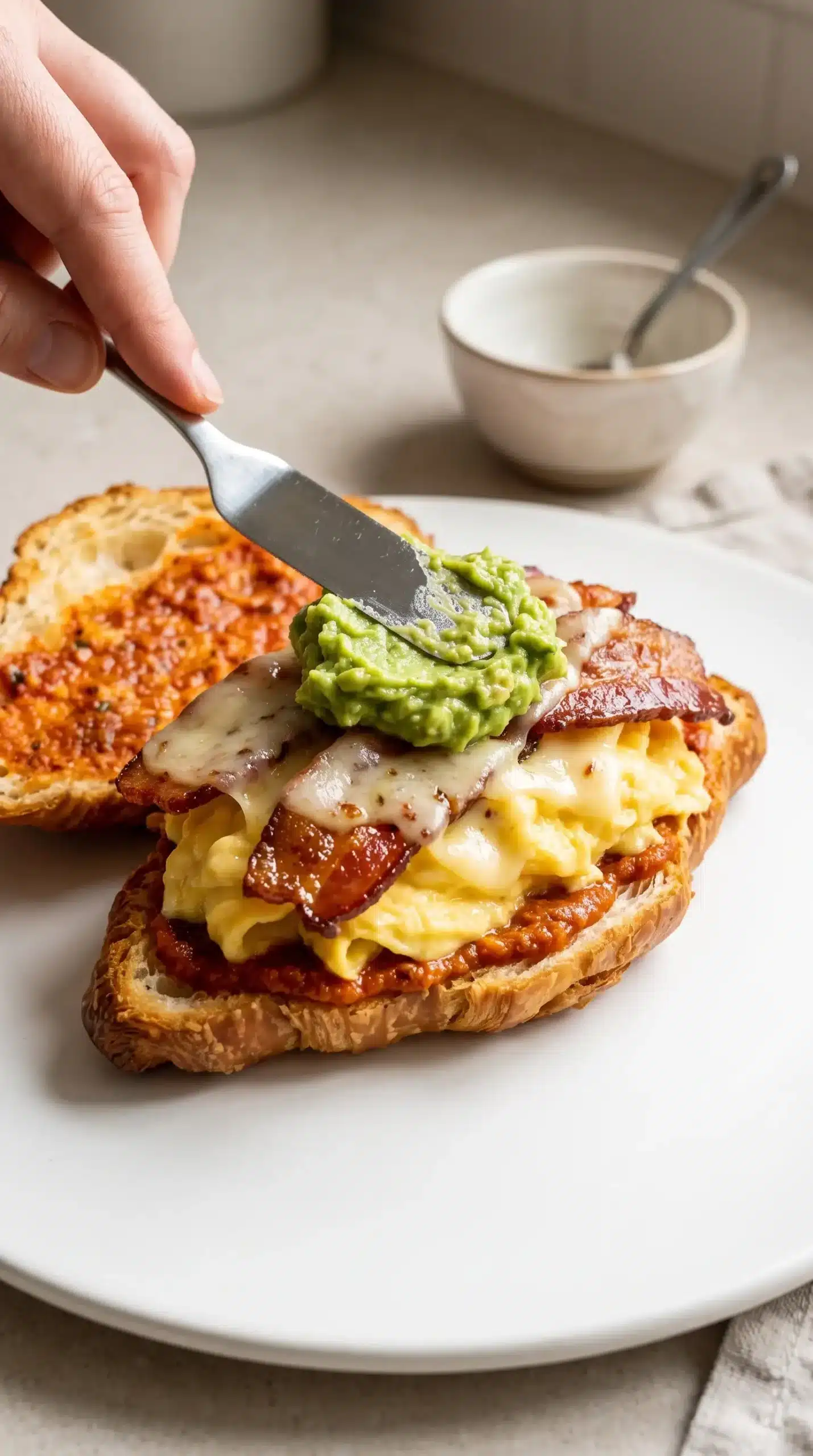 Croissant breakfast sandwich being assembled with eggs, cheese, bacon, and guacamole