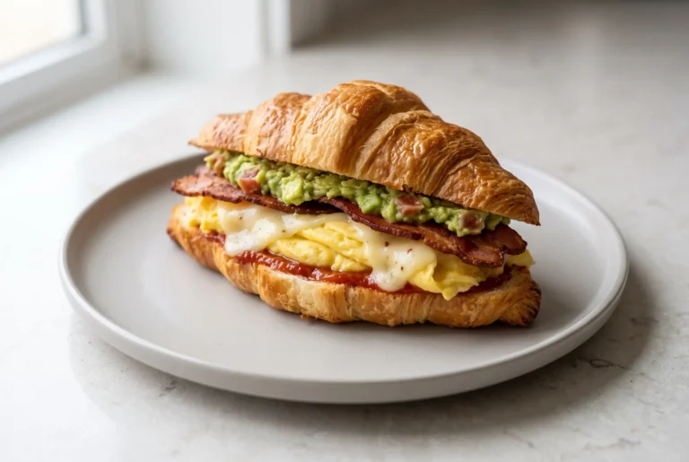 Breakfast sandwich with guacamole, pepperjack cheese, bacon, and scrambled eggs on a croissant