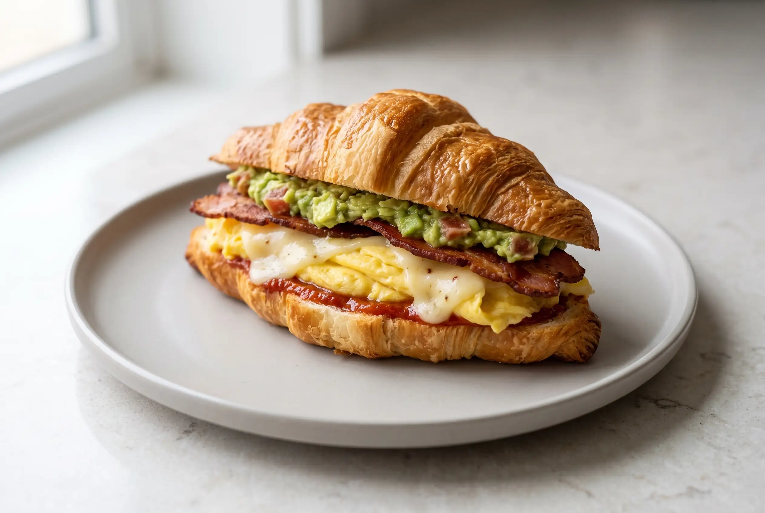 Breakfast sandwich with guacamole, pepperjack cheese, bacon, and scrambled eggs on a croissant