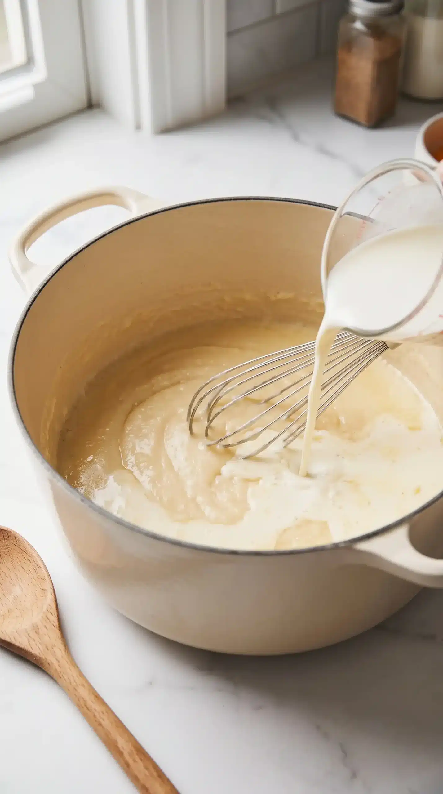 Creamy soup base being mixed with butter, flour, milk, and half and half in a Dutch oven
