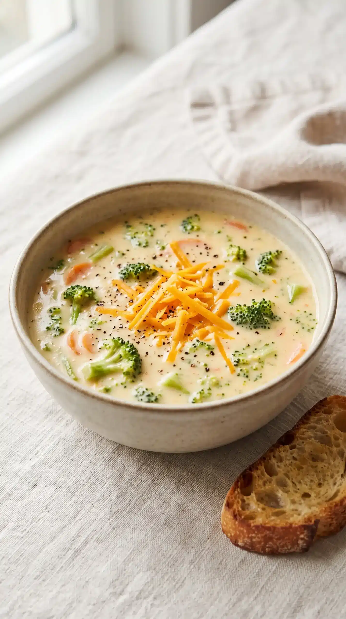 Bowl of homemade broccoli cheese soup topped with cheddar and served with crusty bread