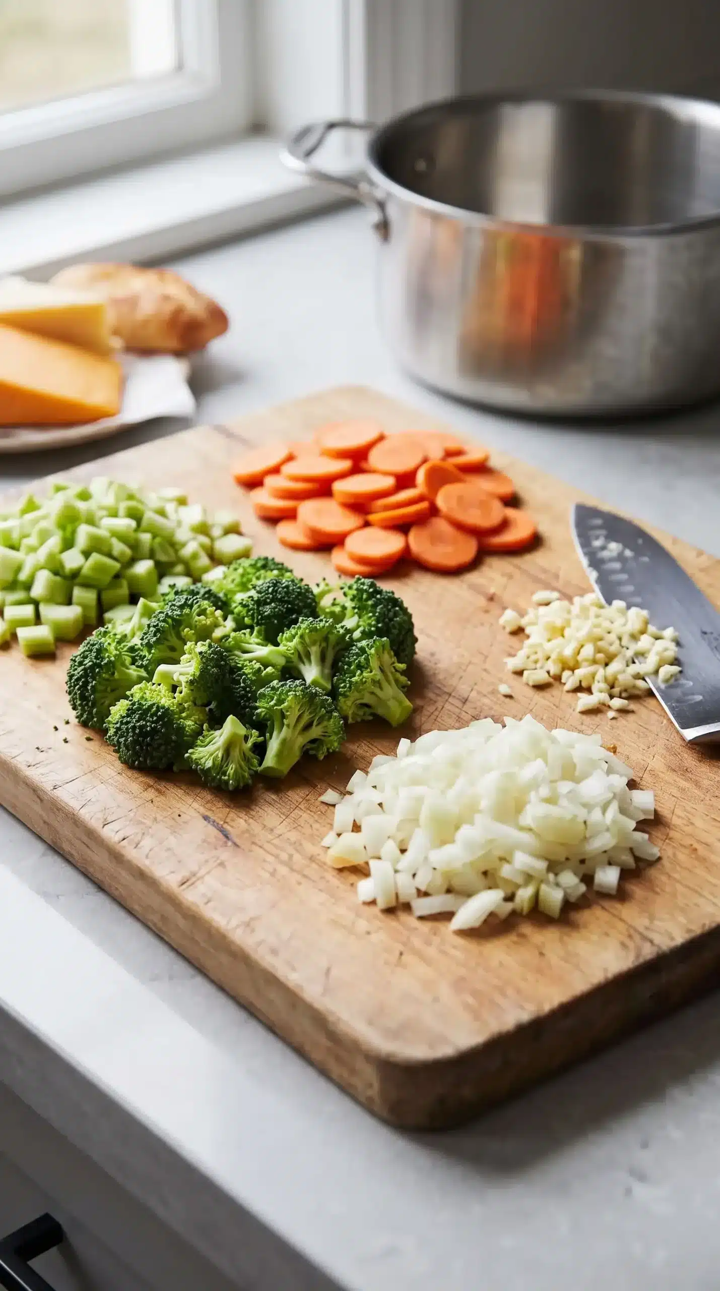 Chopped broccoli, stems, carrots, onion, and garlic prepared for broccoli cheese soup