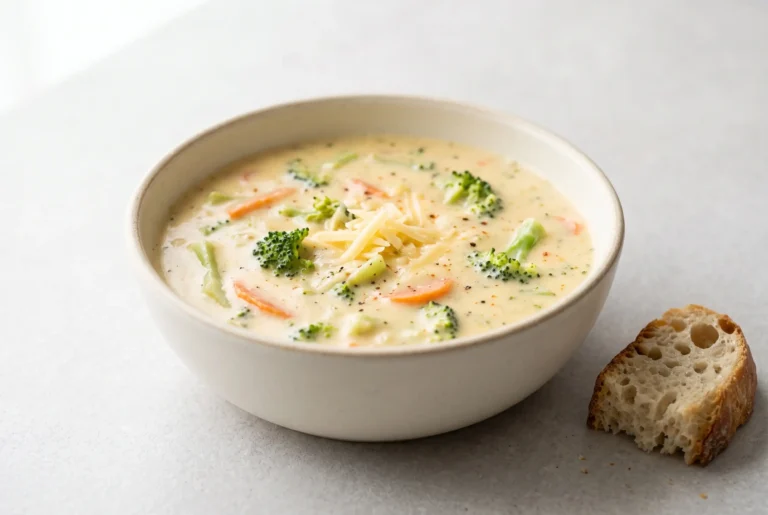 Creamy broccoli cheese soup with cheddar, broccoli florets, carrots, and crusty bread in a bowl