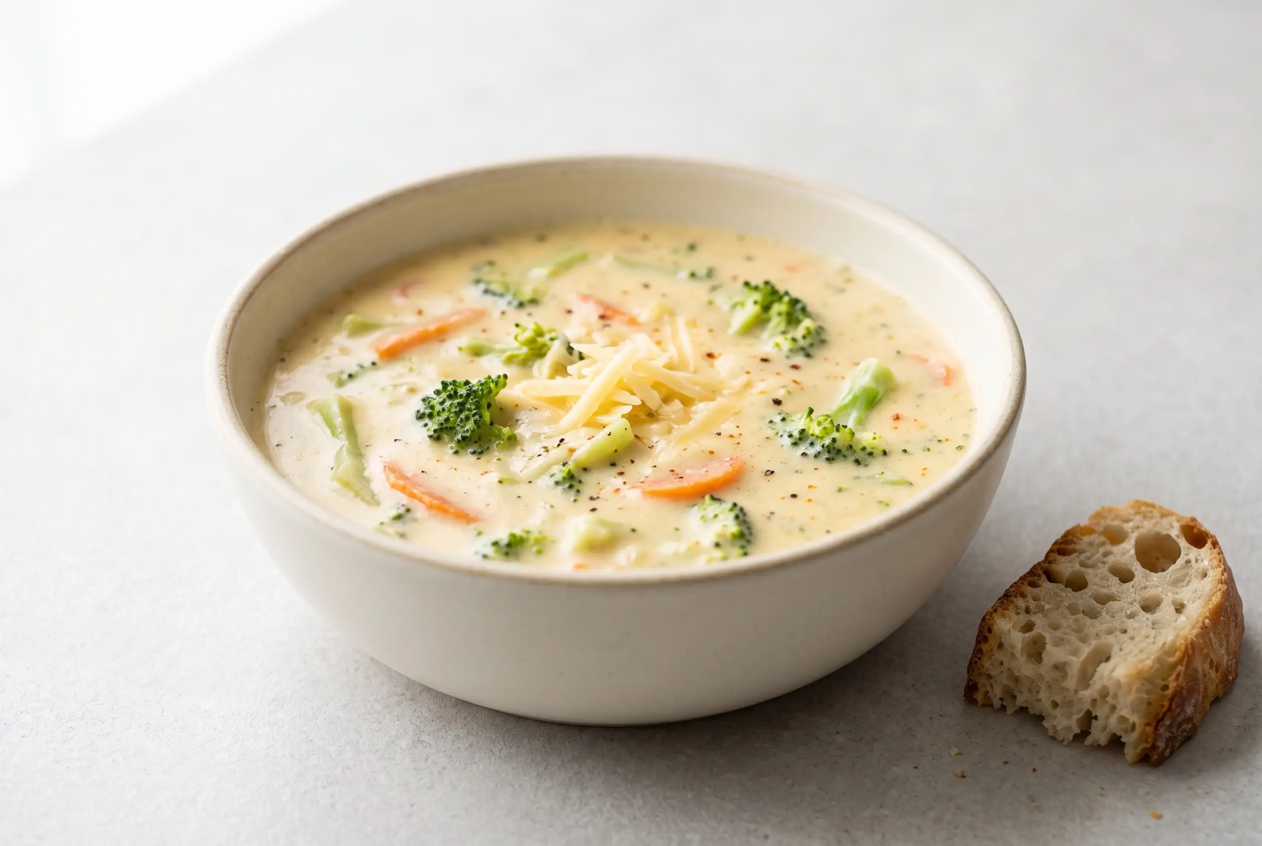 Creamy broccoli cheese soup with cheddar, broccoli florets, carrots, and crusty bread in a bowl