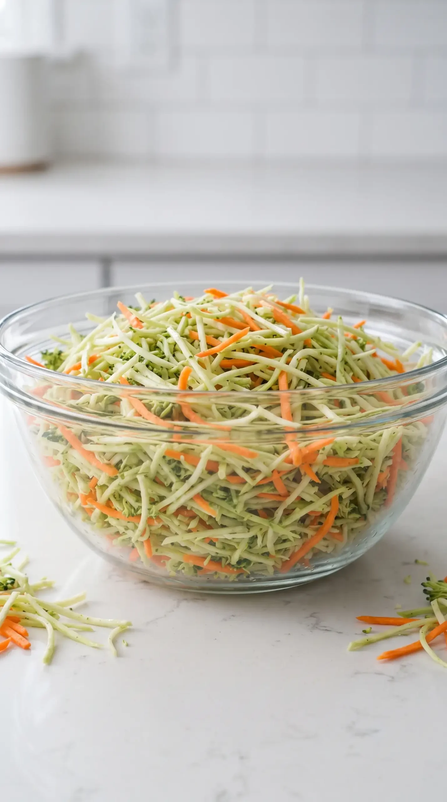 Broccoli slaw and shredded carrots in a bowl before adding the green curry salad dressing