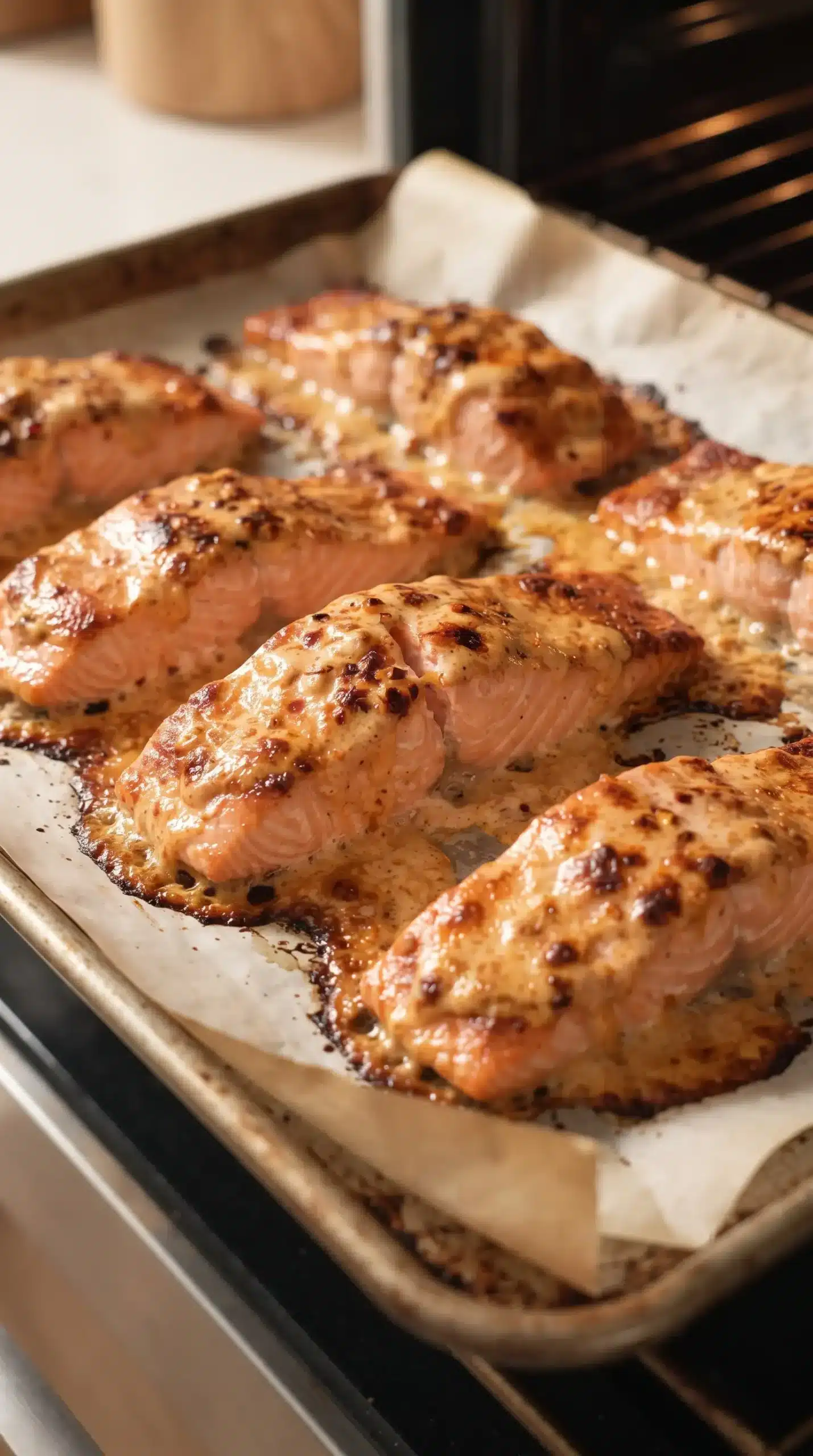Salmon portions on a baking sheet with golden caramelized sweet chili sauce topping