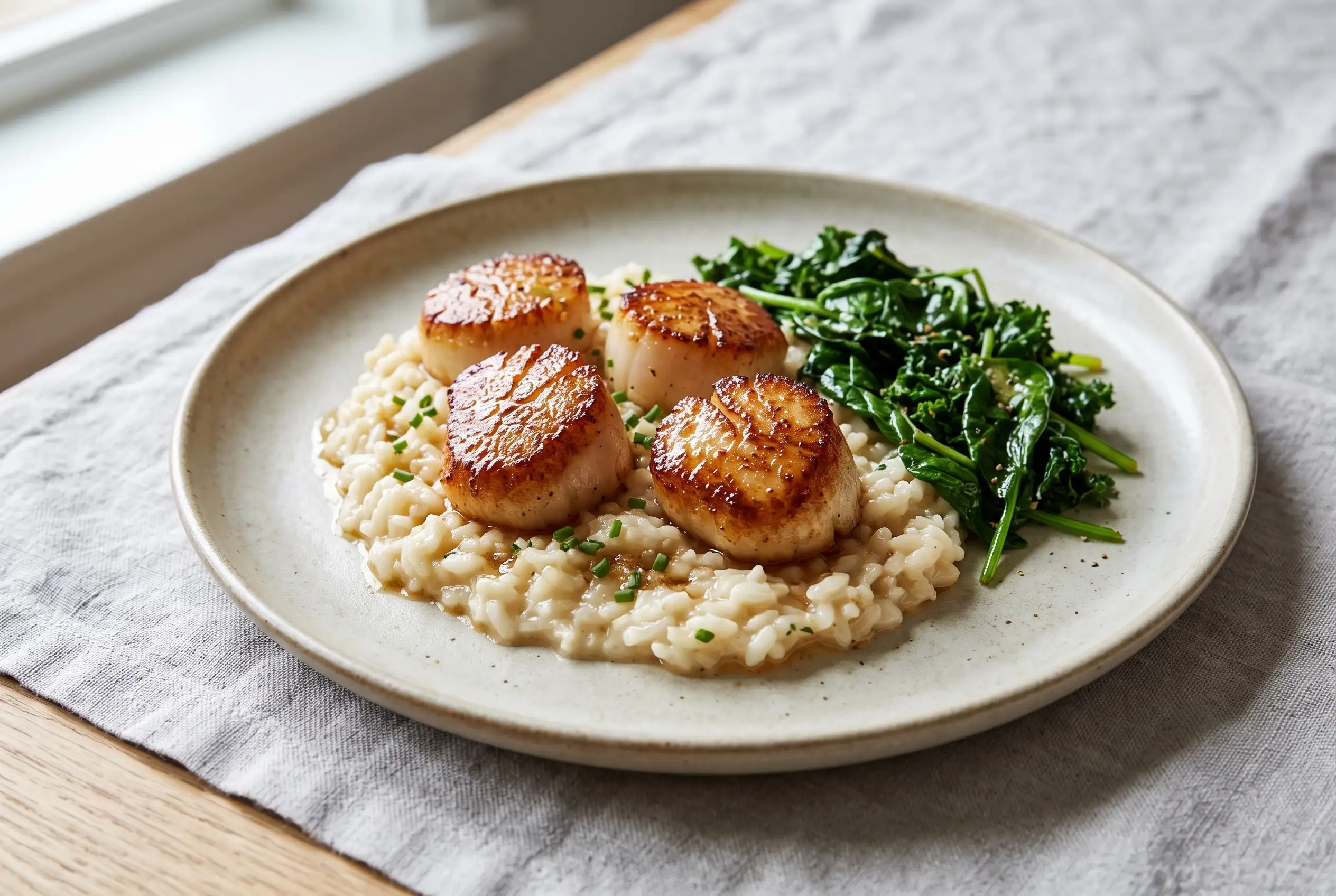 Brown butter scallops with Parmesan risotto and wilted greens on a ceramic plate