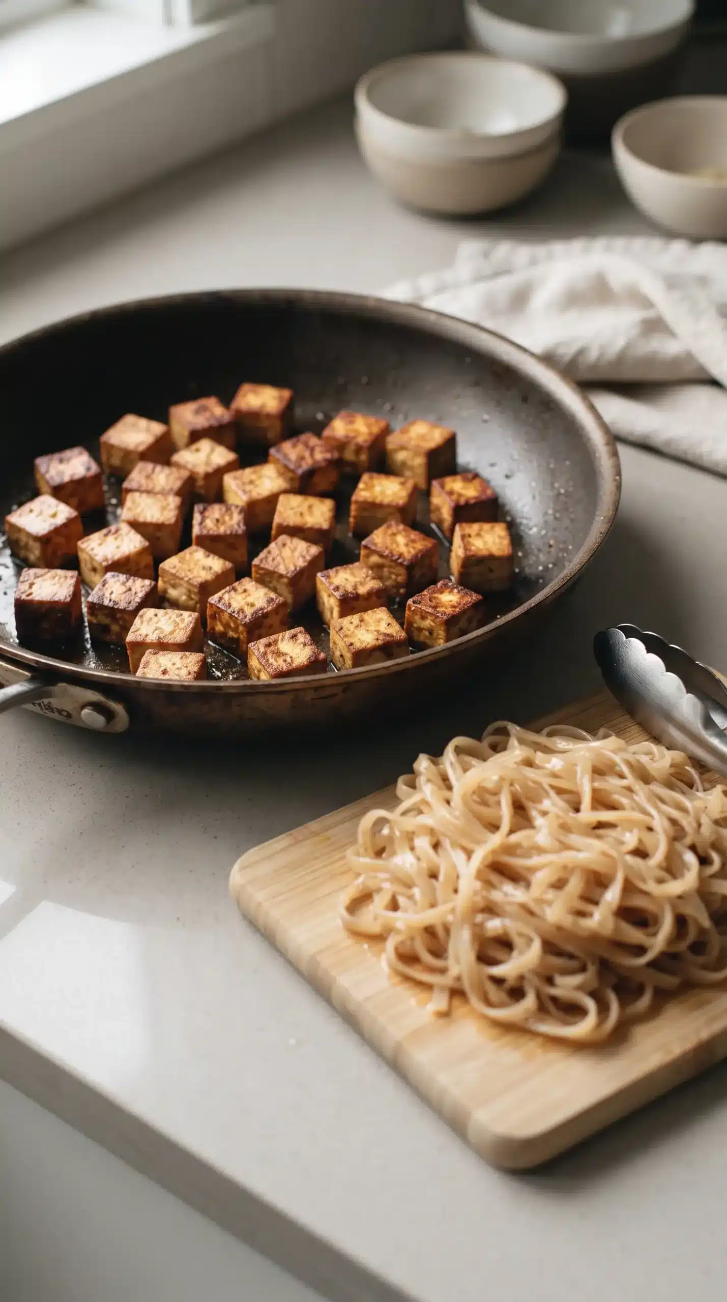 Golden tofu cubes browning beside prepared brown rice noodles in a skillet
