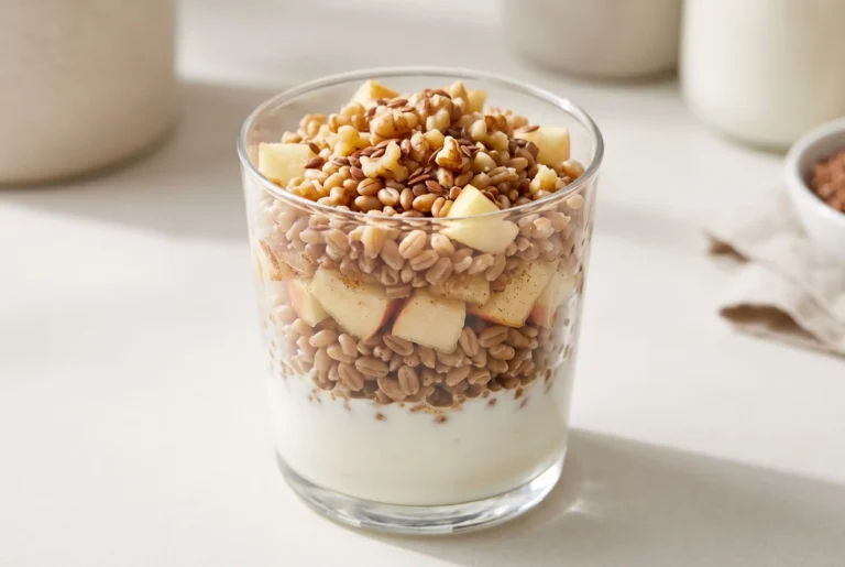 Brown sugar apple wheat berry parfait with yogurt, walnuts, and flax seeds in a glass serving cup