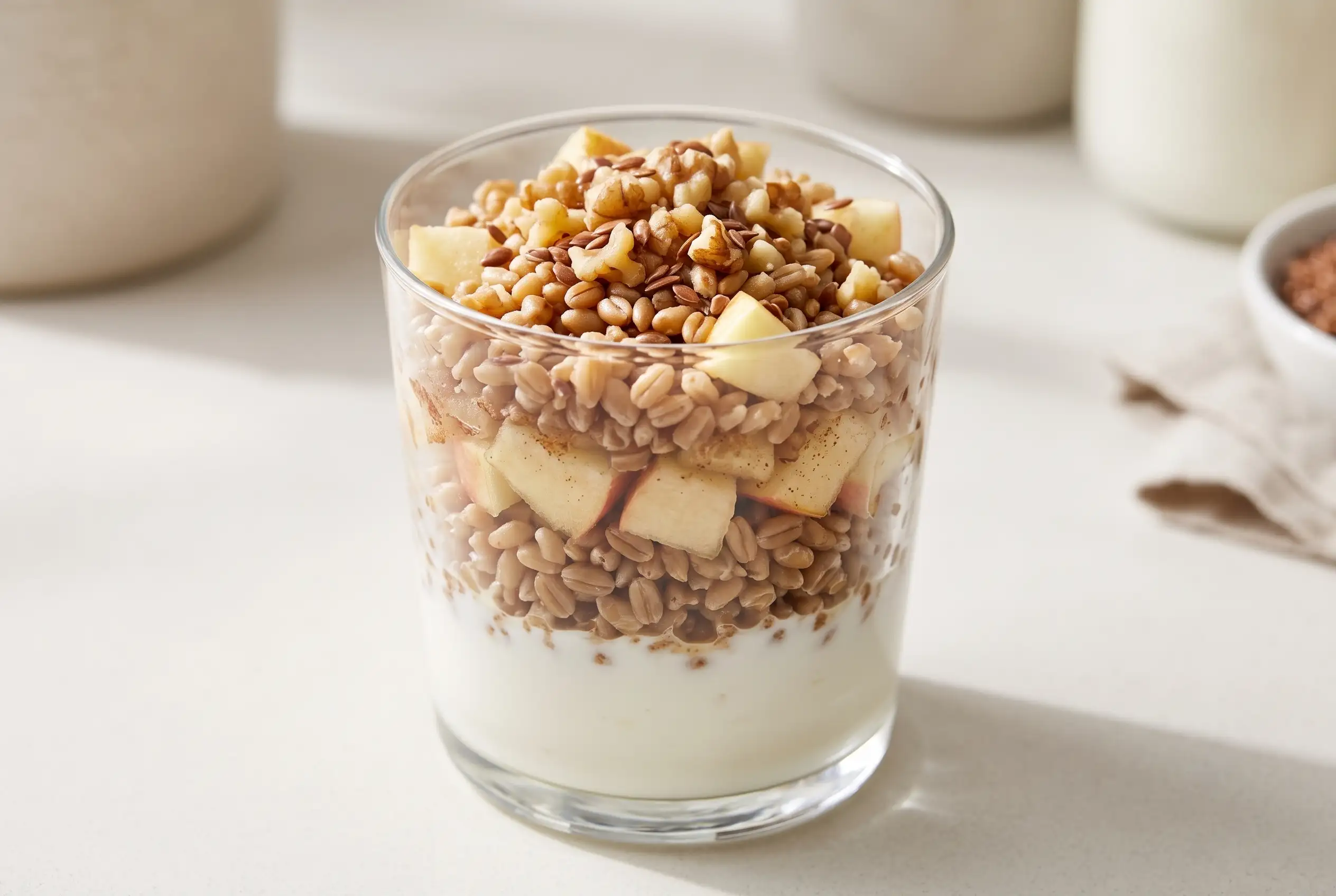 Brown sugar apple wheat berry parfait with yogurt, walnuts, and flax seeds in a glass serving cup